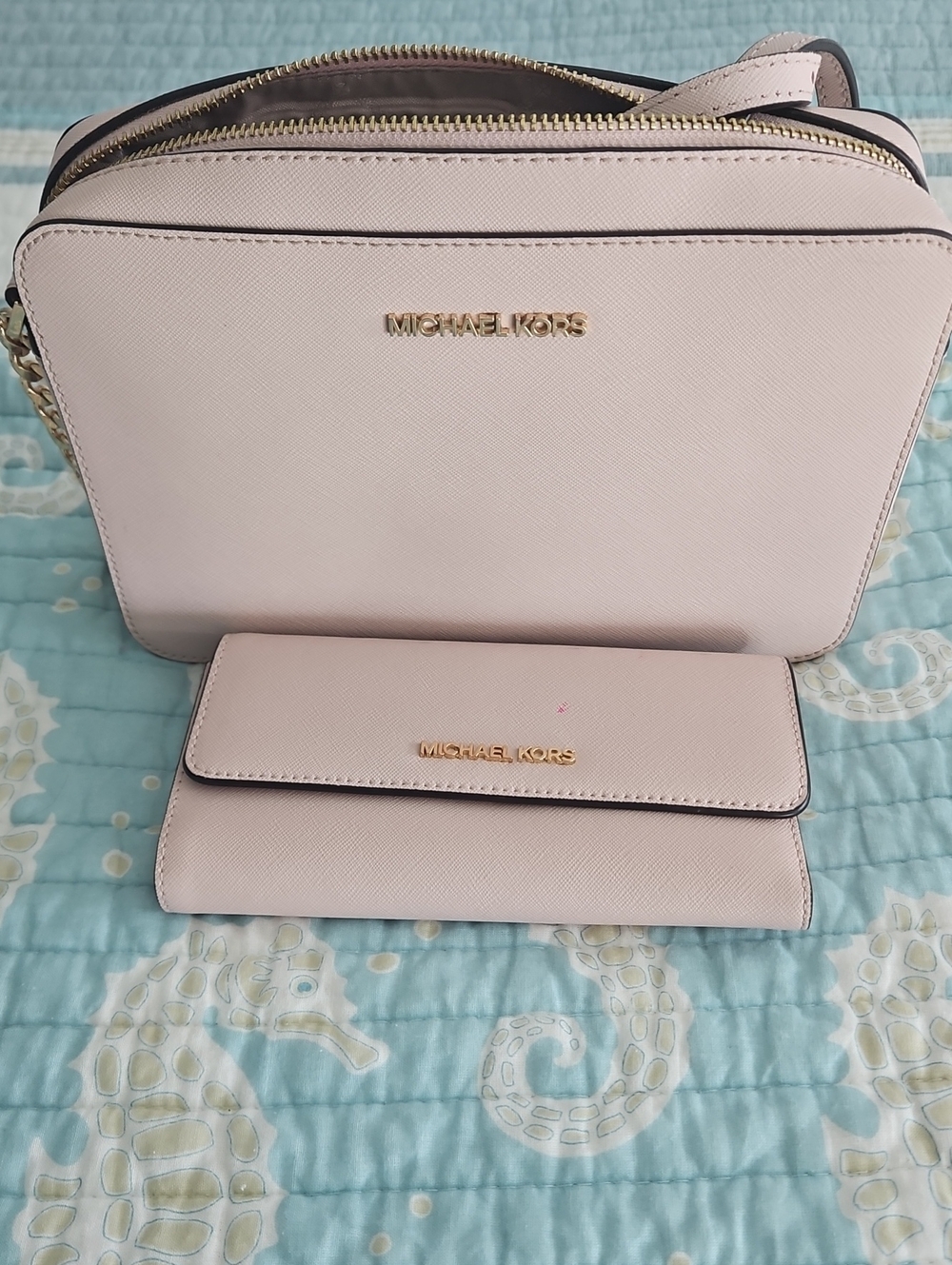 Michael Kors Pale Pink Saffiano Crossbody Bag with Wallet Set